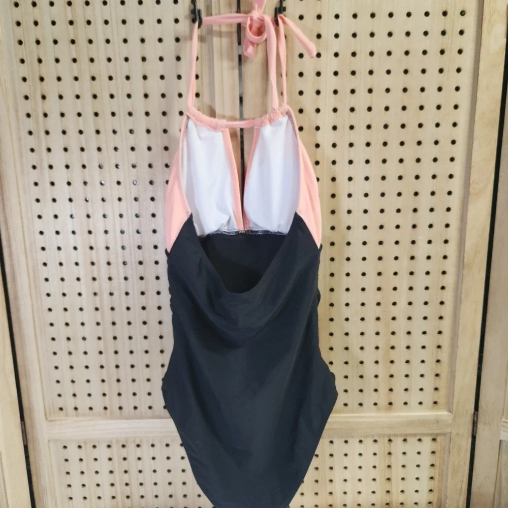 One Piece Swimsuit Women's Black and Pink Cut Out Halter Tie Neck Ruched S beach